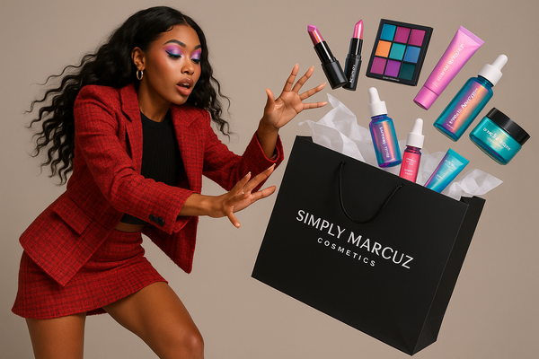 A young ethnic woman dressed in very stylish clothes tries to stop her shopping bag from falling .A fancy big black square shopping bag with white tissue with Simply Marcuz Cosmetics on the front and colorful and futuristic makeup and skin care with simply marcuz on each product. 